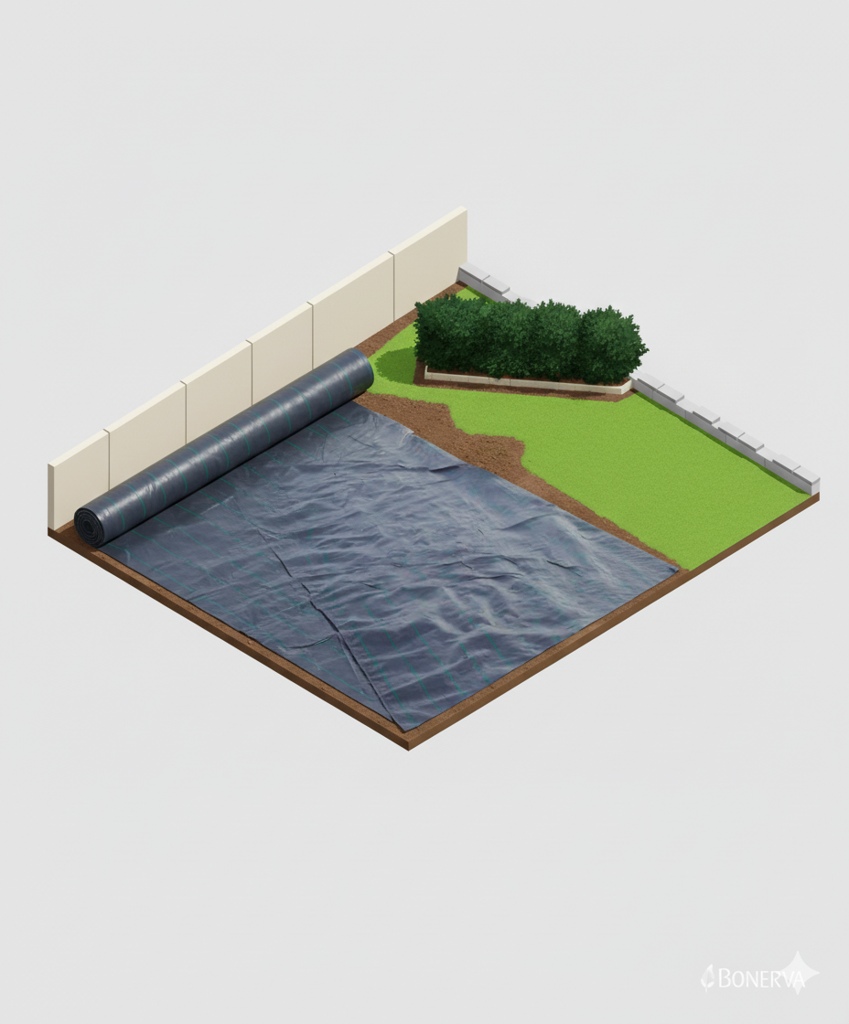 Malla antihierbas oscura empezando a desplegarse sobre el terreno preparado