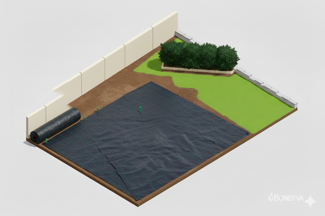 Malla antihierbas cubriendo por completo la zona de instalación y fijada con piquetas