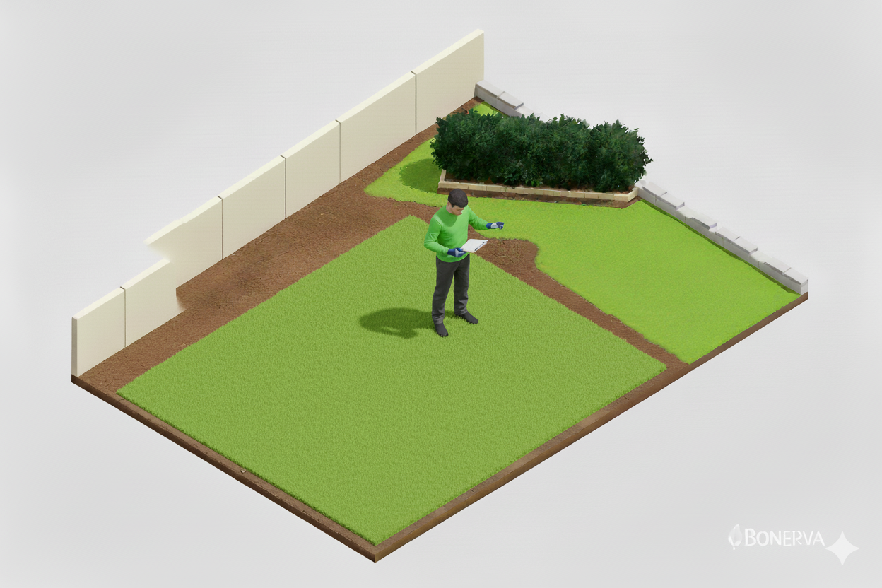 Operario revisando la superficie de césped artificial ya instalada en el jardín