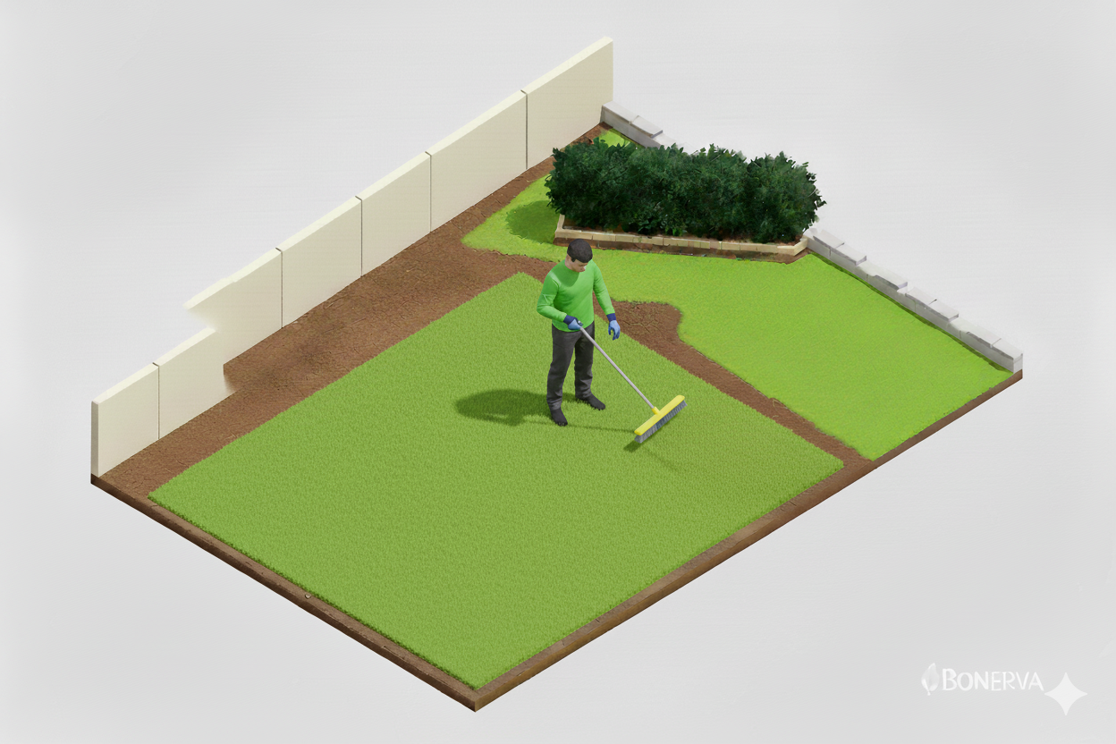 Operario cepillando el césped artificial con un cepillo ancho