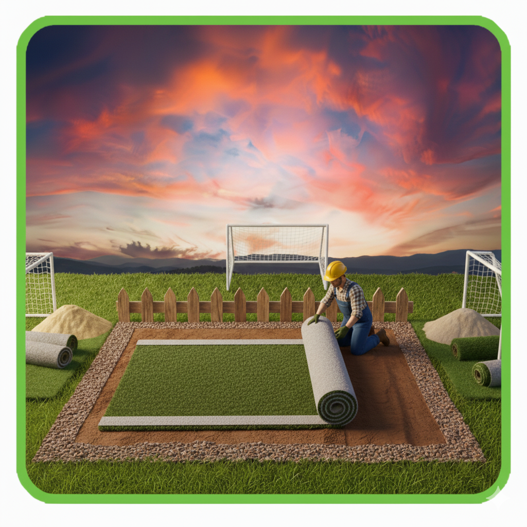 Instalador arrodillado desenrollando un paño de césped artificial sobre la base preparada