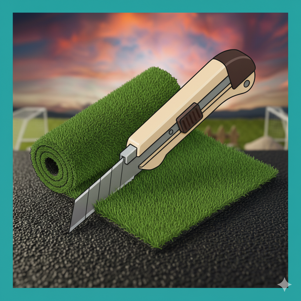 Cúter cortando un paño de césped artificial sobre su base negra