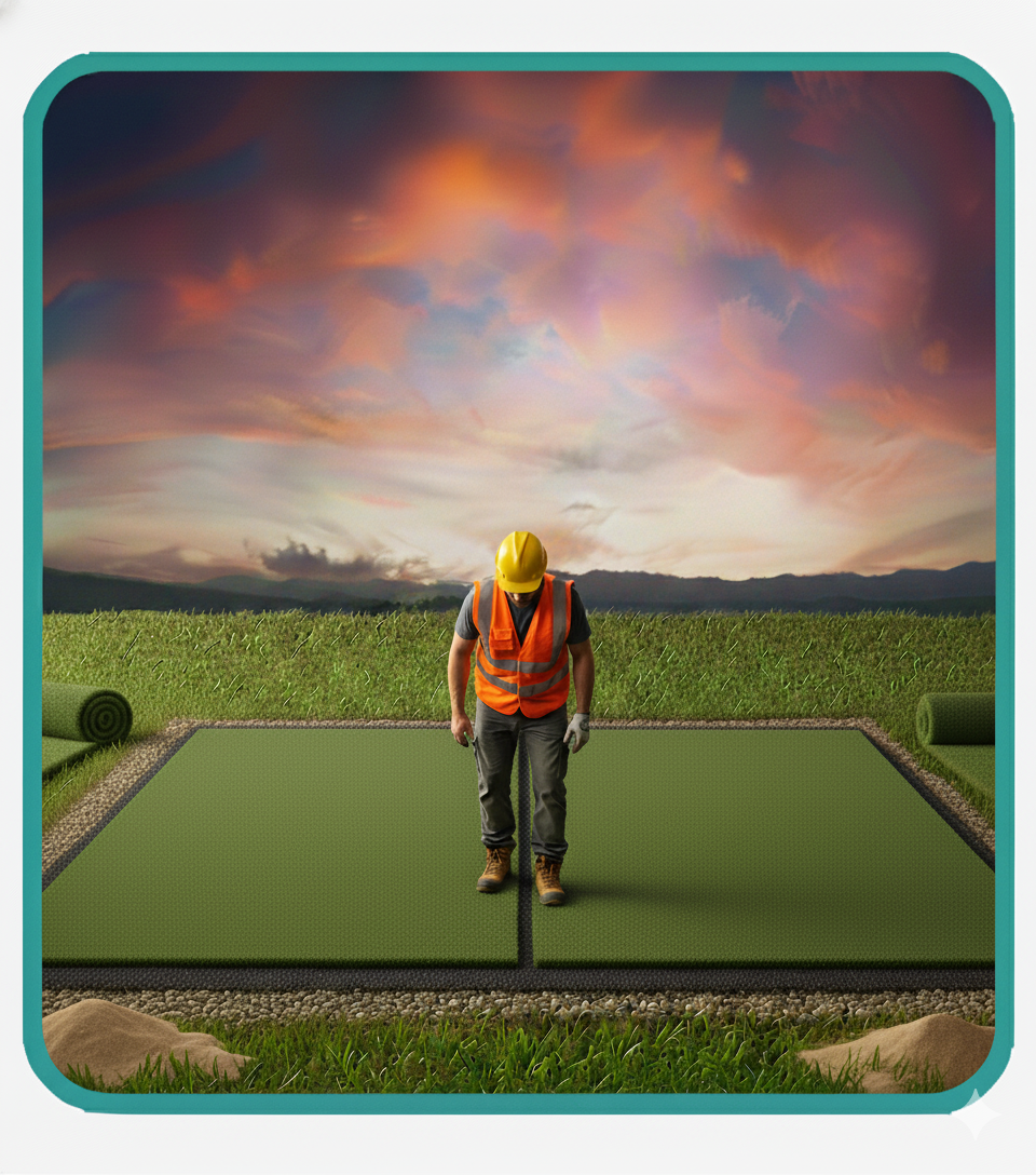 Mano sosteniendo un martillo mientras clava fijaciones alrededor del perímetro del césped